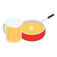 vector isométrico del icono del plato suizo. fondue de queso con un tenedor y jarra de cerveza