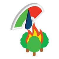 icono de incendio forestal vector isométrico. árbol verde en llamas e indicador de nivel de peligro