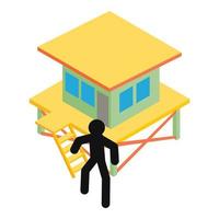 South beach icon isometric vector. Lifeguard tower and stick man lifeguard icon vector