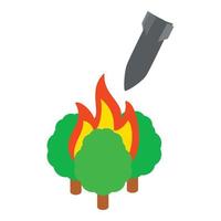 Falling bomb icon isometric vector. Falling war rocket and three burning tree vector