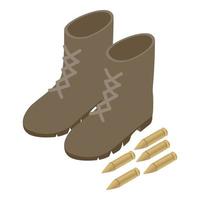 icono de símbolo militar vector isométrico. bota militar gris y icono de cinco balas
