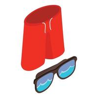 icono de accesorio de playa vector isométrico. pantalones cortos rojos y gafas de sol que reflejan la ola