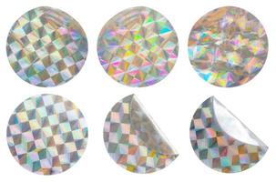 Blank round adhesive holographic foil sticker label set isolated on white background photo