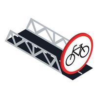 no hay vector isométrico de icono de bicicleta. puente de carretera y señal de tráfico de prohibición