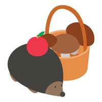 vector isométrico del icono de la temporada de otoño. erizo con manzana roja y cesta de champiñones