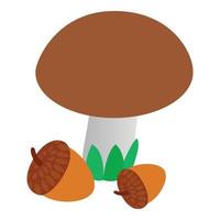 Autumn symbol icon isometric vector. Big brown mushroom and pair of ripe acorn vector