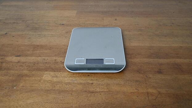gray empty scales with electronic display stands on wooden table photo