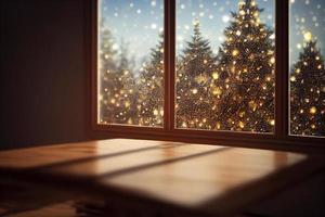 Realistic Empty wooden table. Against the background of a blurred Christmas photo