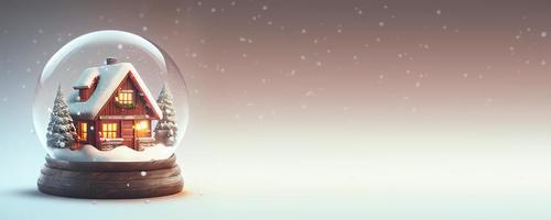 Christmas banner with snow globe. Winter village. Merry Christmas and Happy photo