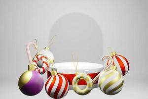 3d rendering illustration podium of for product placement and many Christmas ornaments decoration photo