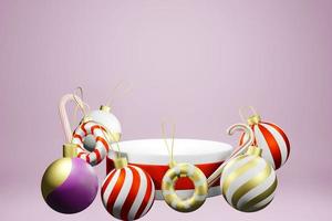 3d rendering illustration podium of for product placement and many Christmas ornaments decoration photo