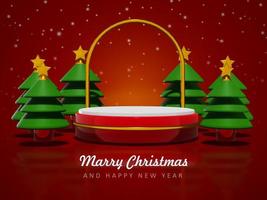 Merry christmas and happy new year with 3d empty podium and christmas ornaments background photo