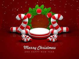 Merry christmas and happy new year with 3d empty podium and christmas ornaments background photo