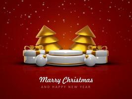 Merry christmas and happy new year with 3d empty podium and christmas ornaments background photo