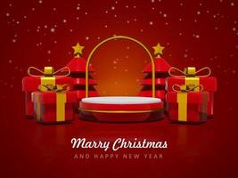 Merry christmas and happy new year with 3d empty podium and christmas ornaments background photo