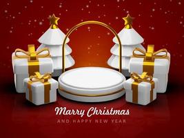 Merry christmas and happy new year with 3d empty podium and christmas ornaments background photo