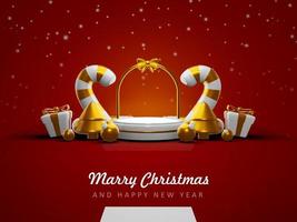 Merry christmas and happy new year with 3d empty podium and christmas ornaments background photo