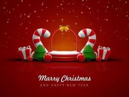 Merry christmas and happy new year with 3d empty podium and christmas ornaments background photo