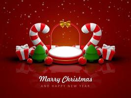 Merry christmas and happy new year with 3d empty podium and christmas ornaments background photo