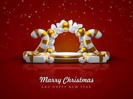 Merry christmas and happy new year with 3d empty podium and christmas ornaments background photo