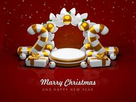 Merry christmas and happy new year with 3d empty podium and christmas ornaments background photo