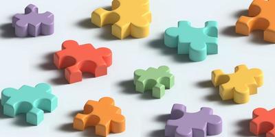 Random rainbow colors jigsaw puzzle pieces. 3d illustration. Concept of teamwork. Trendy colorful abstract horizontal background. Digital banner template for poster, brochure, presentation, website photo