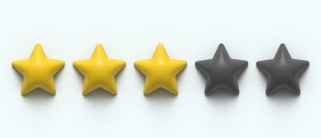 Glossy yellow 3d three star rating. 3D render image. 3 stars of 5. Golden star shape. Quality of service measurement. Ranking system, review symbol. Classification and statistics. Rate button symbol photo