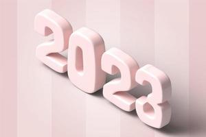 año nuevo 2023 texto 3d. número en estilo de dibujos animados. Plataformas de escena de números tipo 2023 con formas de color rosa pastel. maqueta realista para promoción, fondo de pancartas, exhibición de productos. fondo 3d foto