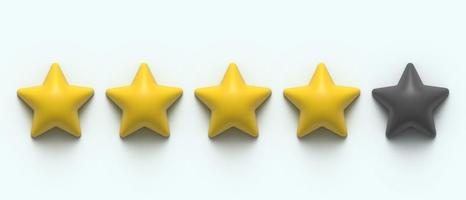 Glossy yellow 3d four star rating. 3D render image. 4 stars of 5. Golden star shape. Quality of service measurement. Ranking system, review symbol. Classification and statistics. Rate button symbol photo