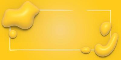 Abstract background with 3d liquid shapes. Yellow composition with glossy rounded organic figures. Border frame with copy space. 3d illustration. Trendy design template for banner, poster and cover photo