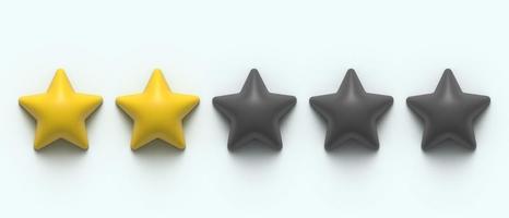 Glossy yellow 3d two star rating. 3D render image. 2 stars of 5. Golden star shape. Quality of service measurement. Ranking system, review symbol. Classification and statistics. Rate button symbol photo
