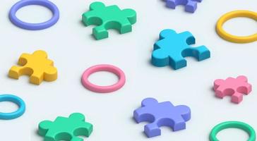 Trendy horizontal background with colorful 3d random puzzle pieces and rings. Close-up of multi colored jigsaw puzzle. 3d rendering. Digital banner template for poster, brochure, presentation, website photo