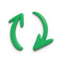 Icono de flechas circulares verdes 3D girando sobre fondo blanco. se reanuda el intercambio de iconos. girando dos flechas en círculo. sincronización de símbolos vectoriales. intercambio de productos renovables, cambio renovar. foto