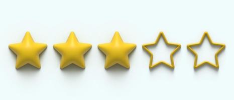 Three gold stars from five. Five 5 star rank sign. Ranking system. 3d ranger glossy golden stars sticker icon rating isolated on background. Service rating, achievement, review symbol. Classification photo