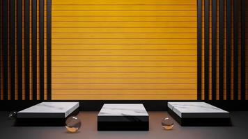 Rectangle marble podium and glass balls with wood background. for product display. 3D rendering product display photo