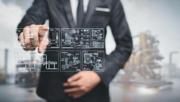 Piping and instrument diagram System control staff Engineers are inspecting manufacturing processes working in industry holographic screens showing various piping and control systems within the plant photo