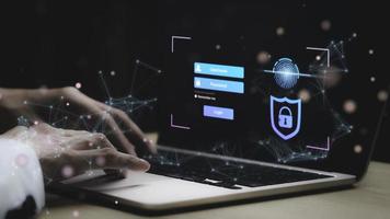 Person touching protecting personal information by fingerprint scanning, online financial transactions, secure access to computer networks and digital systems. Customer Data Protection cyber security. photo
