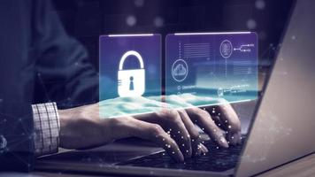 Person touching protecting personal information by fingerprint scanning, online financial transactions, secure access to computer networks and digital systems. Customer Data Protection cyber security. photo