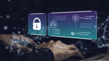 Person touching protecting personal information by fingerprint scanning, online financial transactions, secure access to computer networks and digital systems. Customer Data Protection cyber security. photo