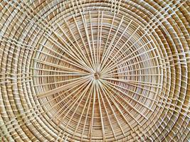 Round braided natural straw table mat texture as a background. Full frame of tightly woven straw pattern.with space for text, for a background. photo