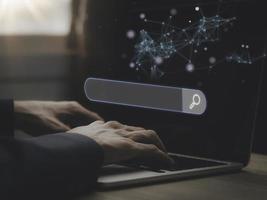 Businessman are touching the virtual screen on search engine optimization for find data on networking, SEO, Searching Browsing Internet Data Information Networking Concept. photo