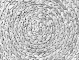 Round braided natural straw table mat texture as a white background. Full frame of tightly woven straw pattern.with space for text, for a background. photo