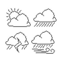 Weather cloud, cloudy, rain, thunderstorm, wind rain. Pixel art line icon vector illustration