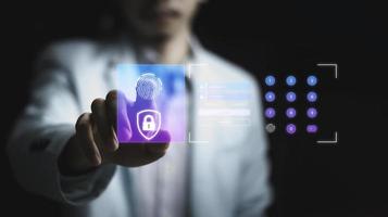 Person touching protecting personal information by fingerprint scanning, online financial transactions, secure access to computer networks and digital systems. Customer Data Protection cyber security. photo