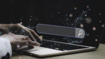Businessman are touching the virtual screen on search engine optimization for find data on networking, SEO, Searching Browsing Internet Data Information Networking Concept. photo