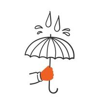 hand drawn doodle hand holding umbrella in the rain illustration vector