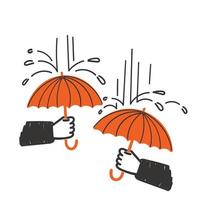 hand drawn doodle hand holding umbrella in the rain illustration vector