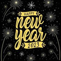 Happy new year 2023 with festive. Lettering Composition With Stars And Sparkles. Vector Illustration. dark background. holyday decorative elements. congratulation