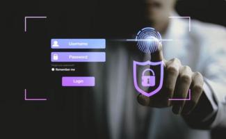 Person touching protecting personal information by fingerprint scanning, online financial transactions, secure access to computer networks and digital systems. Customer Data Protection cyber security. photo