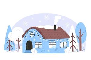 paisaje invernal con una casa en un bosque nevado vector